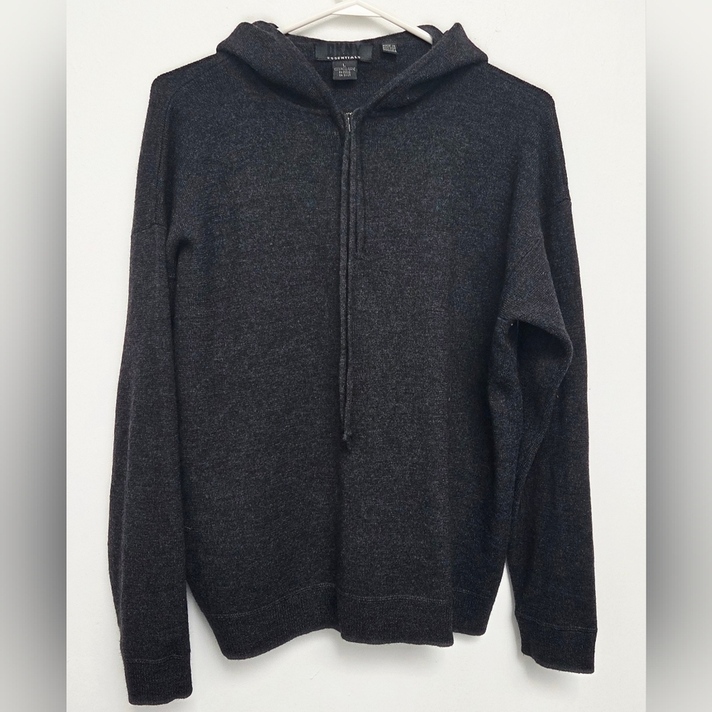 DKNY SZ L Essential 100% Wool Laine  Dark Charcoal Gray1/2 Zip-Up Hooded Sweater
